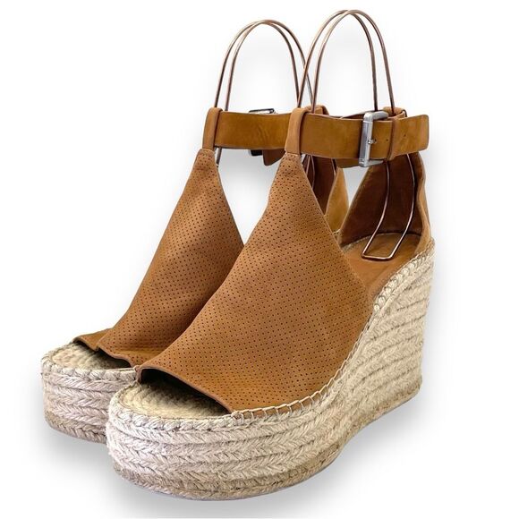 Marc Fisher Annie Perforated Espadrille Platform Wedge Medium Tan Suede Size 11 - Picture 6 of 16